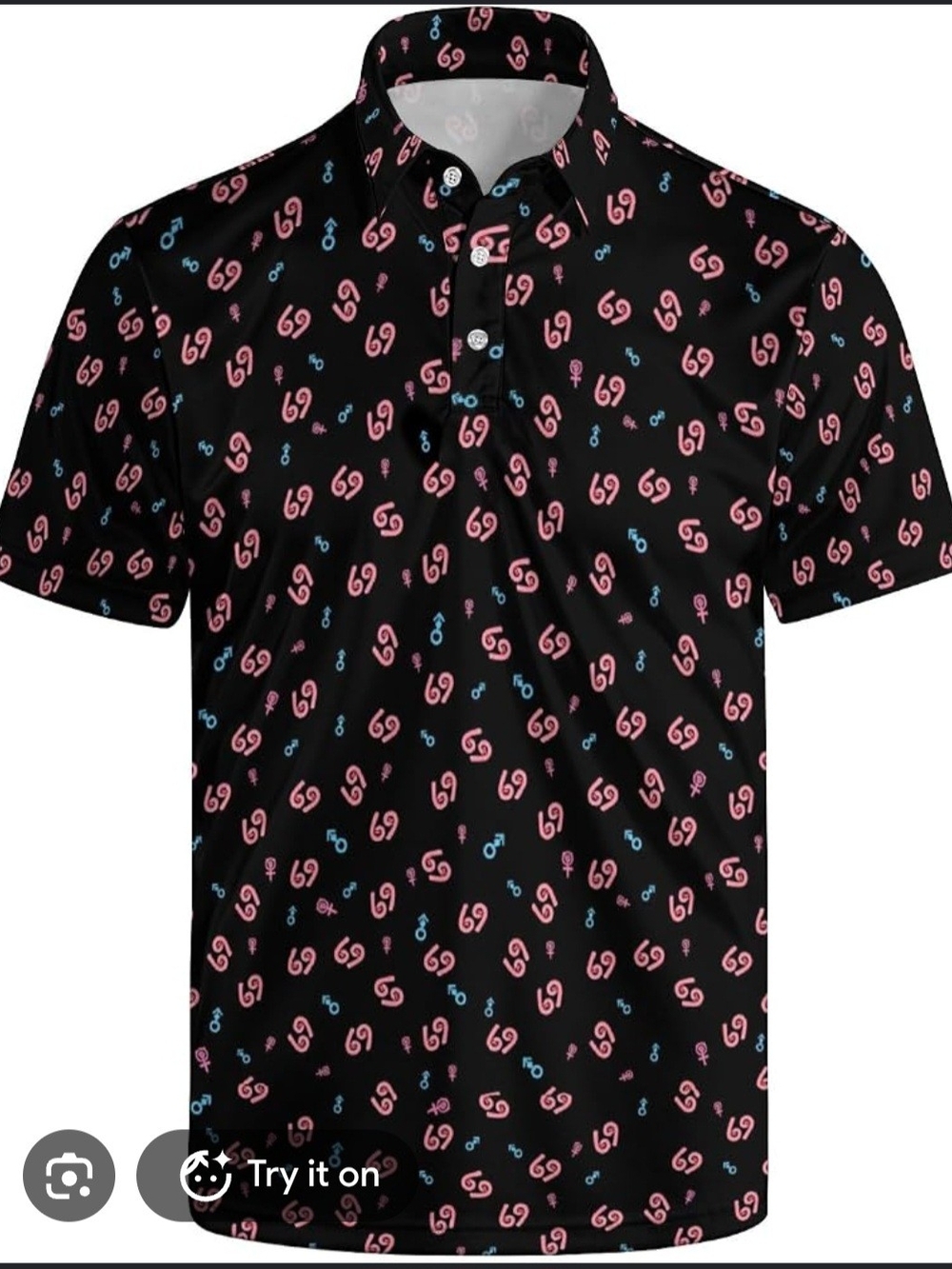 Men's Funny Black Short-Sleeve Golf  Polo with Pink & Blue Pattern